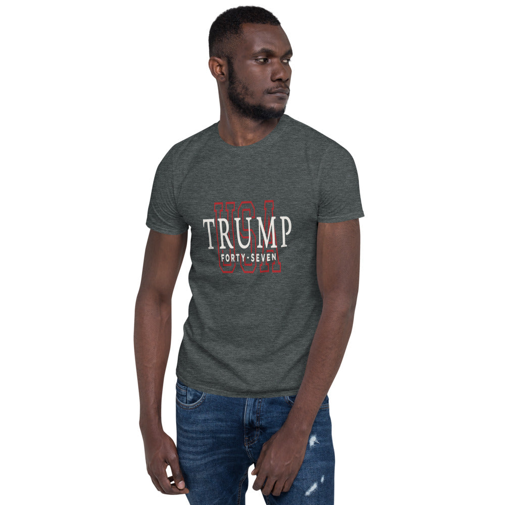 Man wearing the dark heather gray 'Trump Forty-Seven' USA t-shirt with jeans