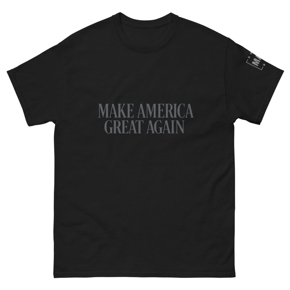 Black Make America Great Again unisex classic tee, front print with MAGA sleeve badge