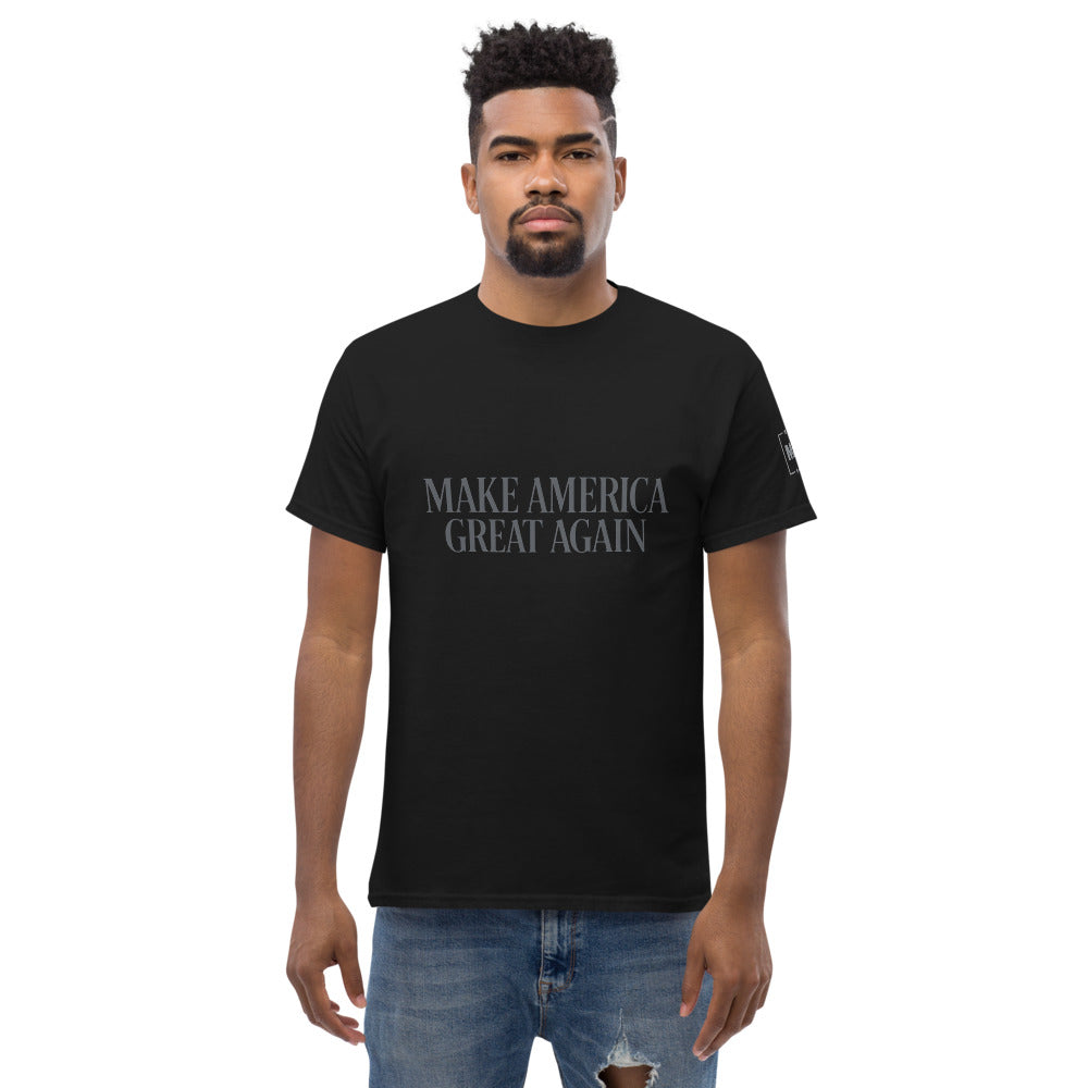 Man wearing black Make America Great Again classic tee, front print