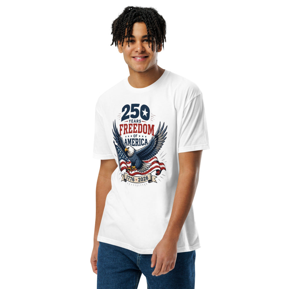 Man wearing white 250 Years Freedom of America eagle t-shirt, front view