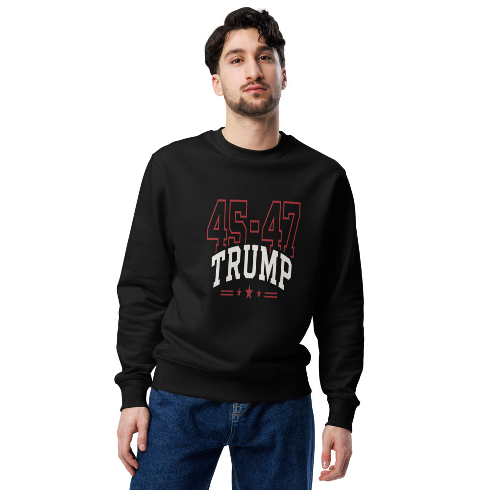 Man wearing black 45-47 Trump eco sweatshirt with red and white print