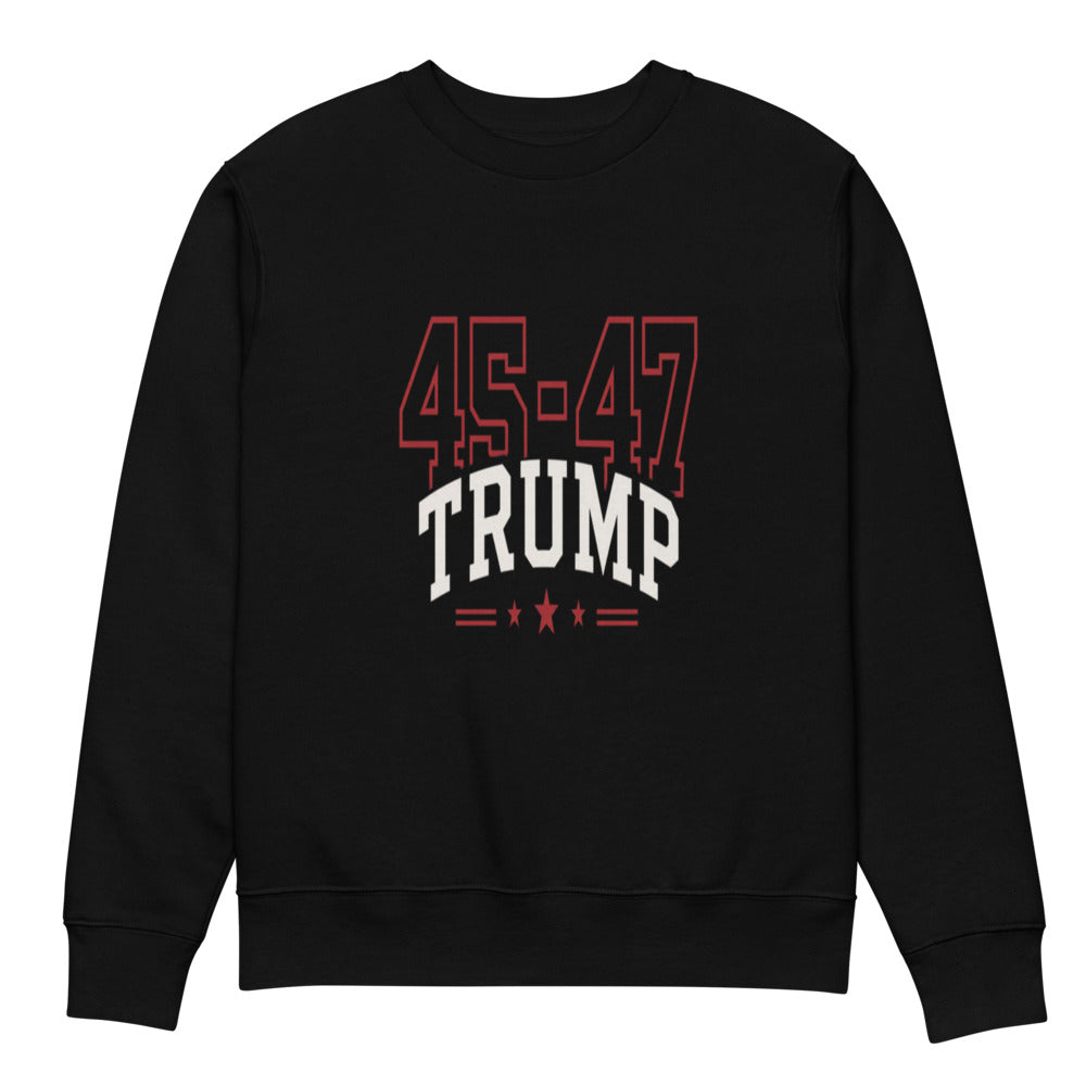Black 45-47 Trump unisex eco sweatshirt, front flat lay
