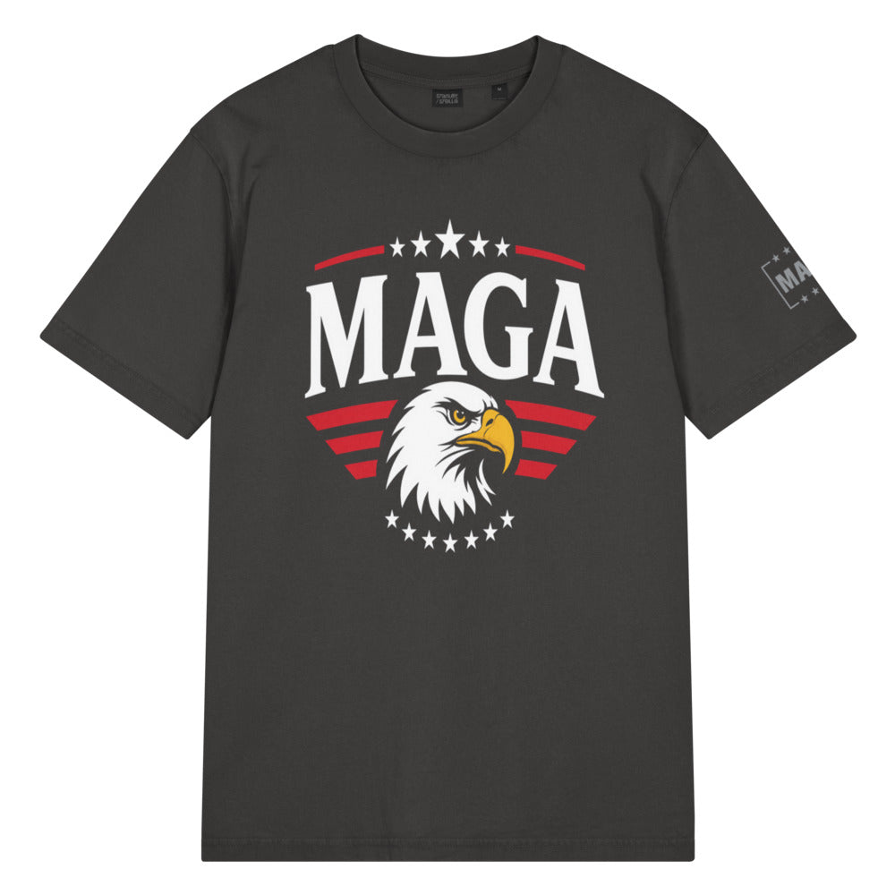 Charcoal MAGA garment dyed vintage t-shirt with eagle, stars and sleeve print