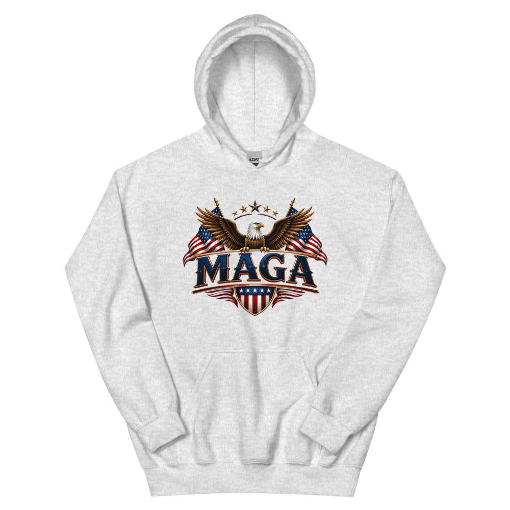 Ash gray Eagle MAGA unisex hoodie with American eagle, flags and MAGA shield print, front