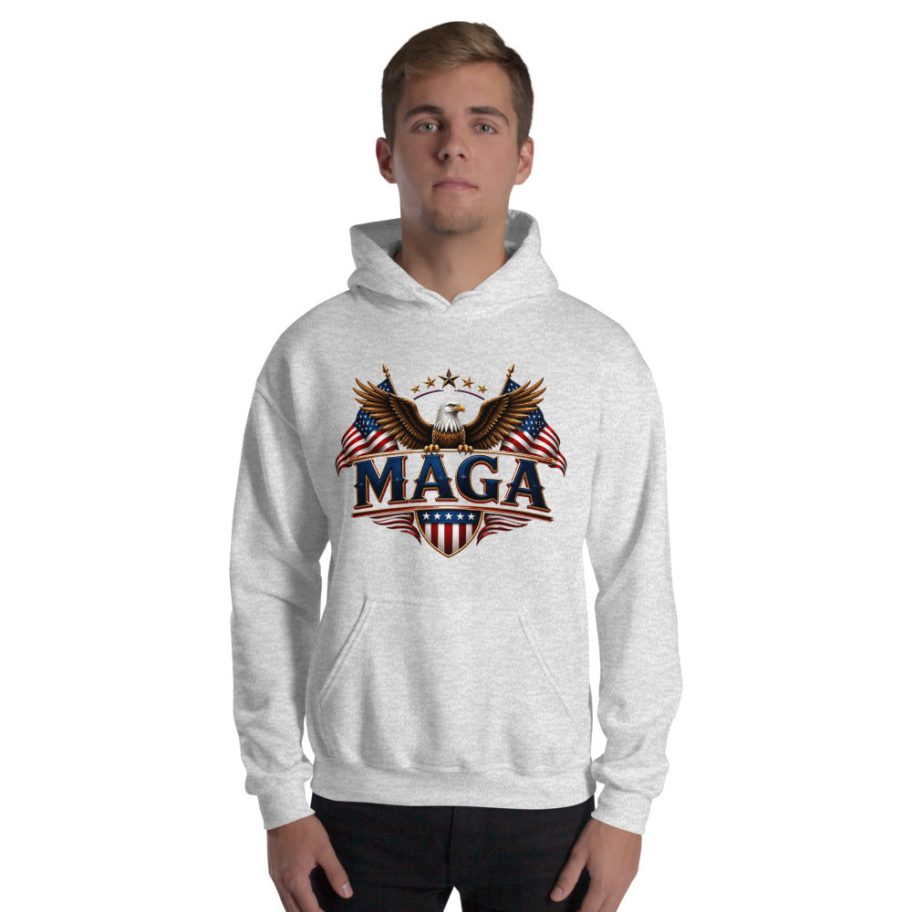Man wearing ash gray Eagle MAGA hoodie with eagle, flags and MAGA shield graphic