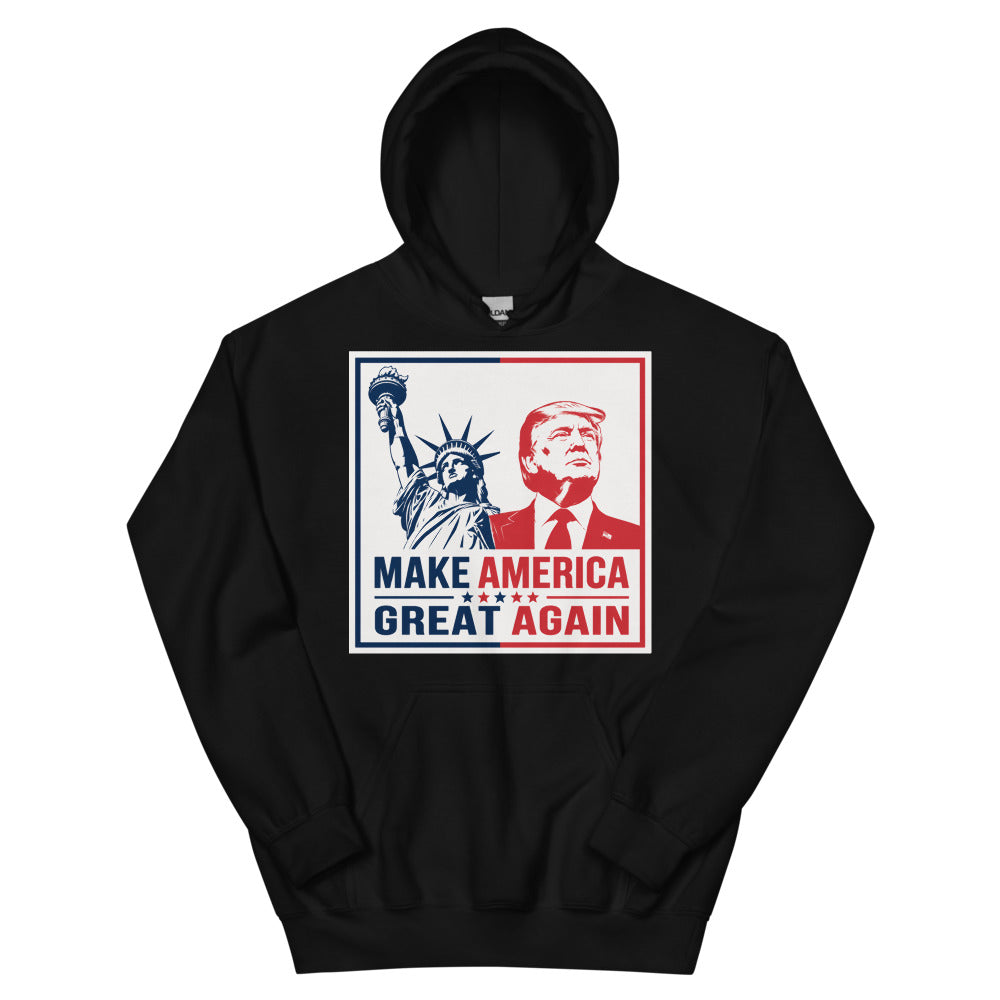 Black TRUMP hoodie, front Make America Great Again print with Trump and Statue of Liberty