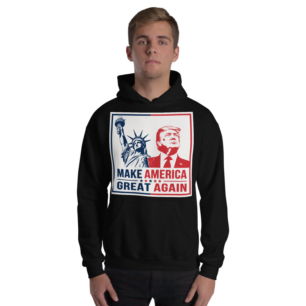 Man wearing black Trump Make America Great Again hoodie, front print