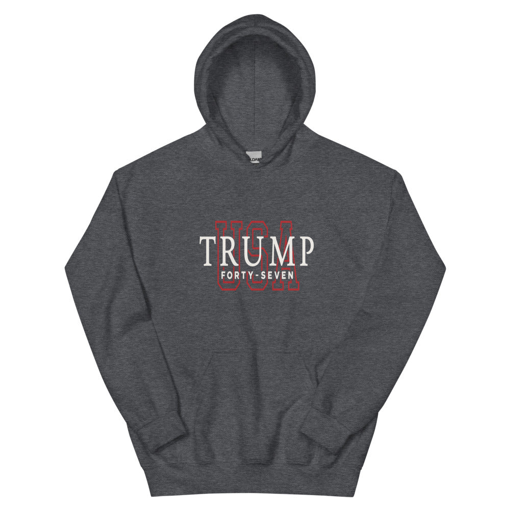 Dark heather gray Forty-Seven unisex hoodie with Trump Forty-Seven USA print