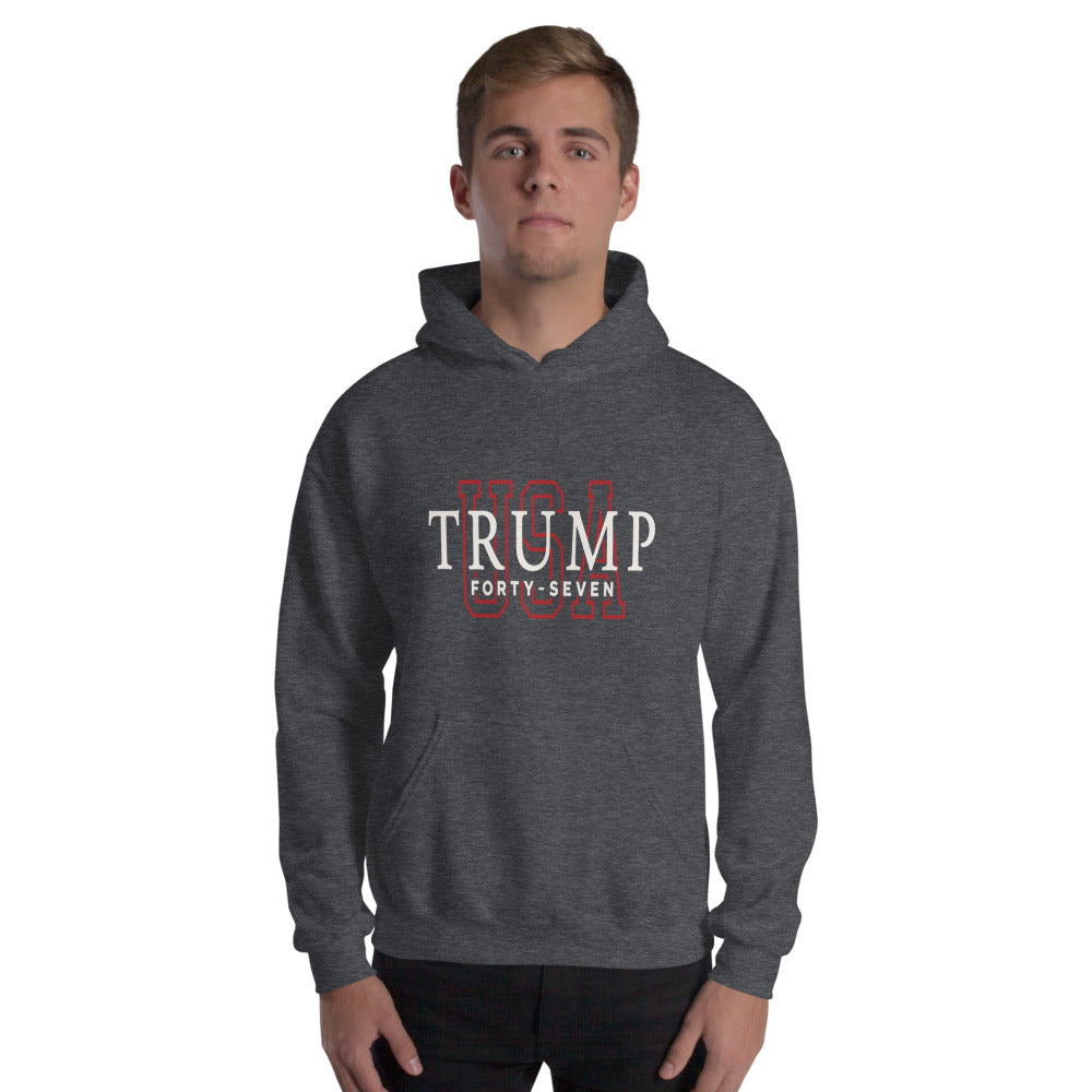Man wearing dark heather gray Trump Forty-Seven hoodie, front view