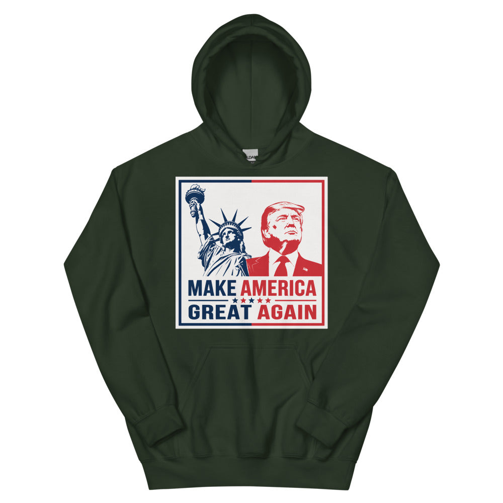 Forest green TRUMP hoodie, front Make America Great Again print with Trump and Statue of Liberty