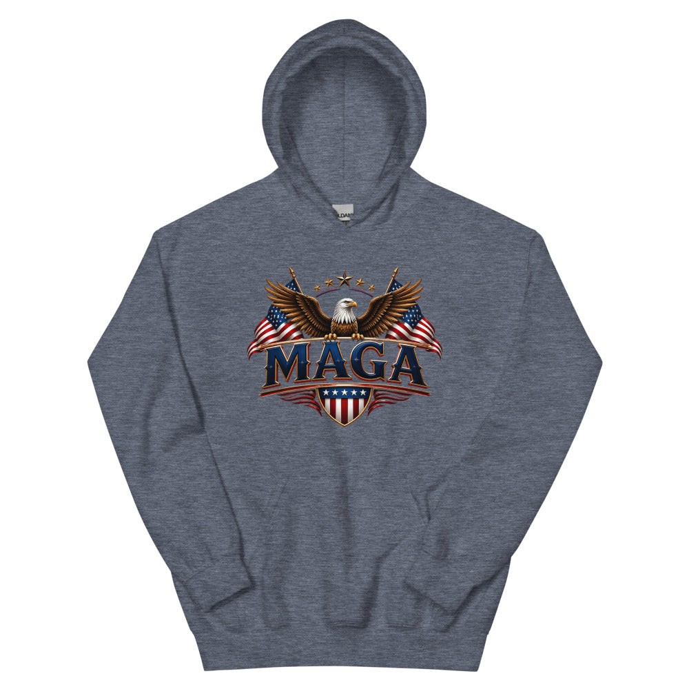 Heather navy Eagle MAGA unisex hoodie with American eagle, flags and MAGA shield print, front