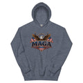 Heather navy Eagle MAGA unisex hoodie with American eagle, flags and MAGA shield print, front