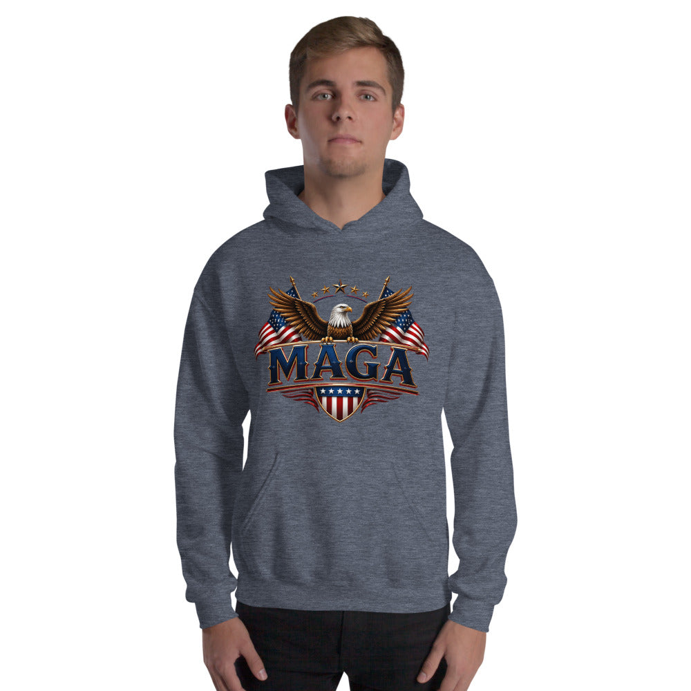 Man wearing heather navy Eagle MAGA hoodie with eagle, flags and MAGA shield graphic