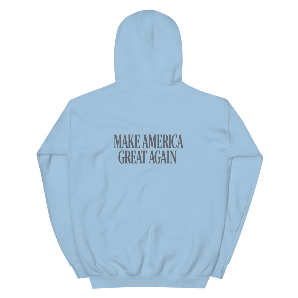 Light blue TRUMP! hoodie back with Make America Great Again print