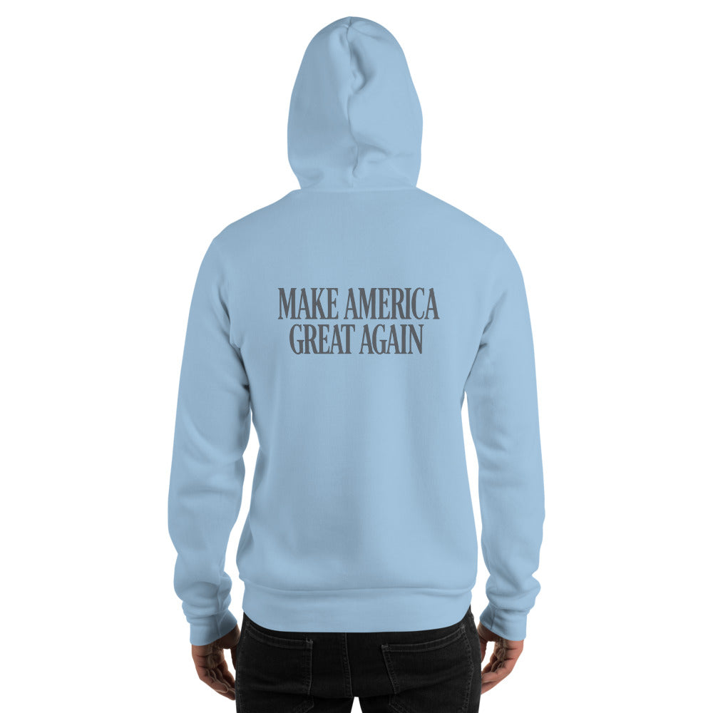 Man wearing light blue hoodie, back Make America Great Again print