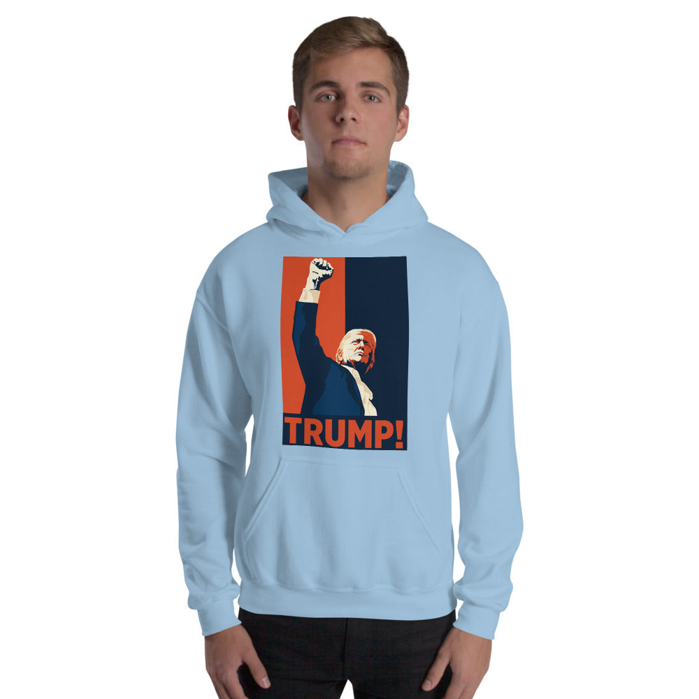 Man wearing light blue TRUMP! hoodie, front raised-fist poster print