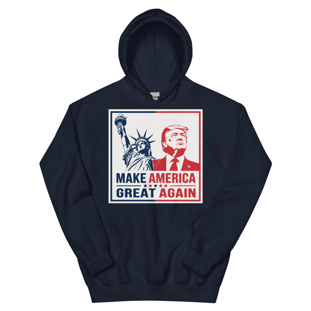 Navy TRUMP hoodie, front Make America Great Again print with Trump and Statue of Liberty