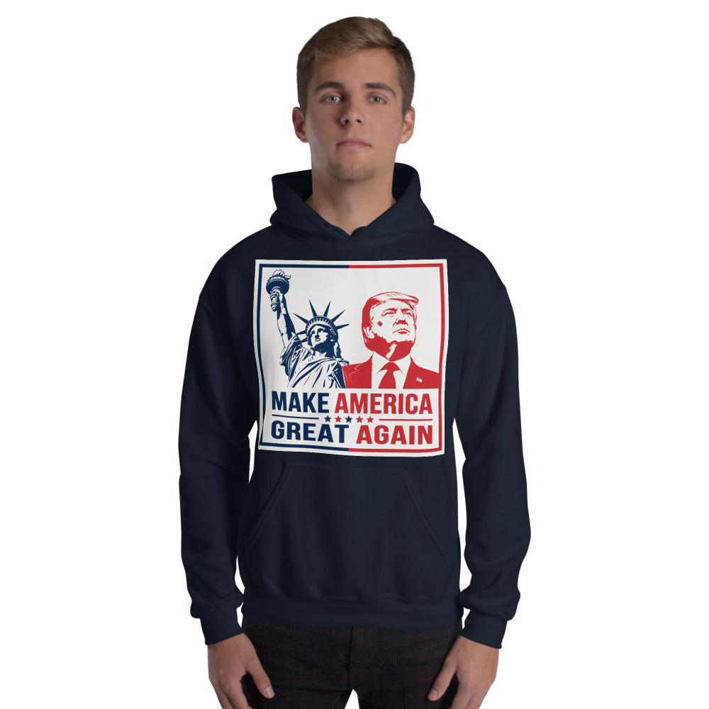 Man wearing navy Trump Make America Great Again hoodie, front print