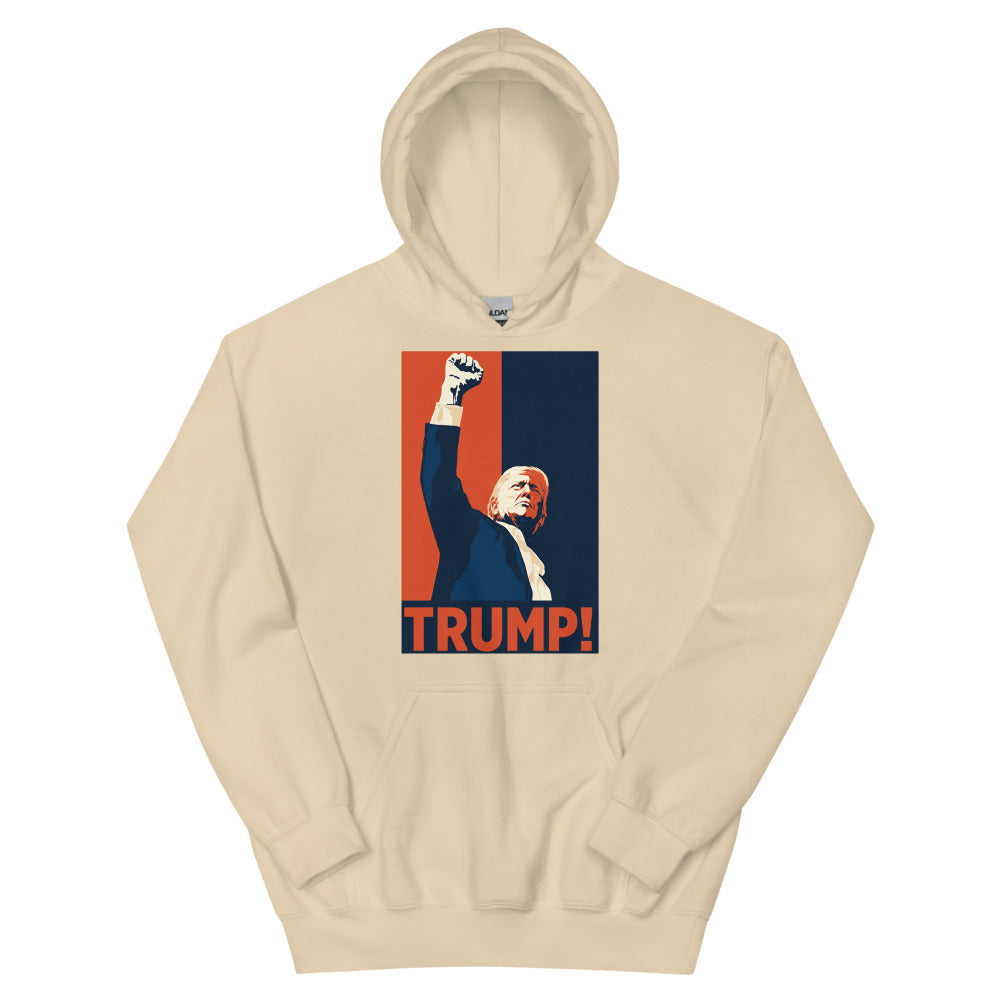 Sand TRUMP! unisex hoodie, front raised-fist poster print