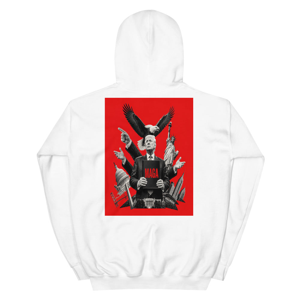 White Trump Style hoodie back with red panel MAGA graphic of Trump, eagle and Statue of Liberty