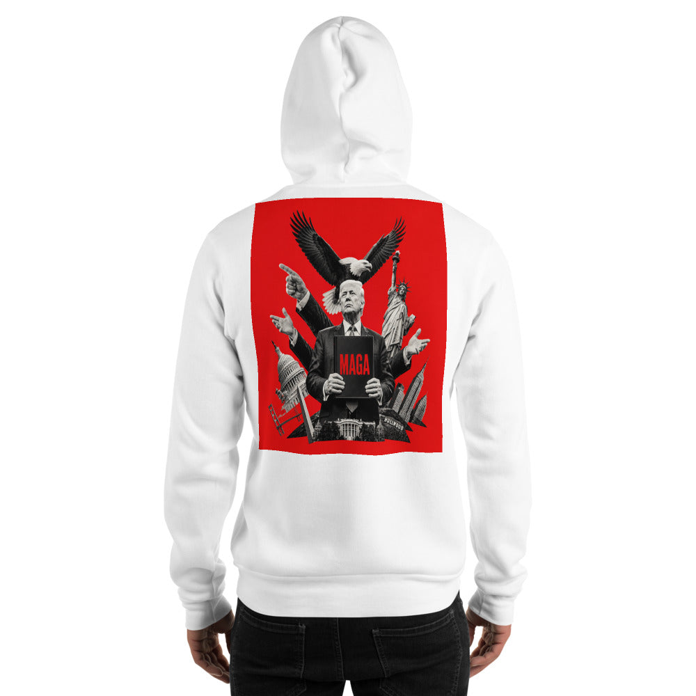 Man wearing white Trump Style hoodie, back view with red MAGA Trump and eagle graphic