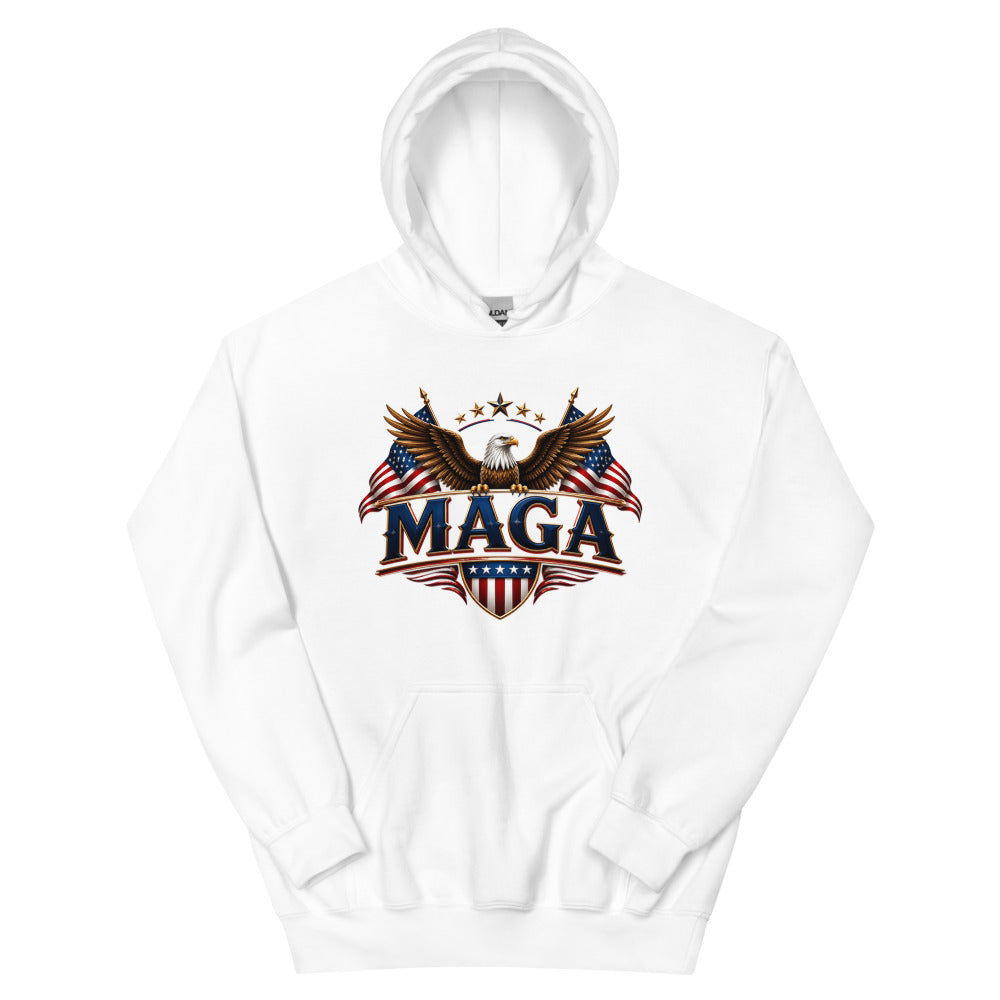 White Eagle MAGA unisex hoodie with American eagle, flags and MAGA shield print, front