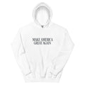 White Trump Style unisex hoodie with gray Make America Great Again text, front flat view