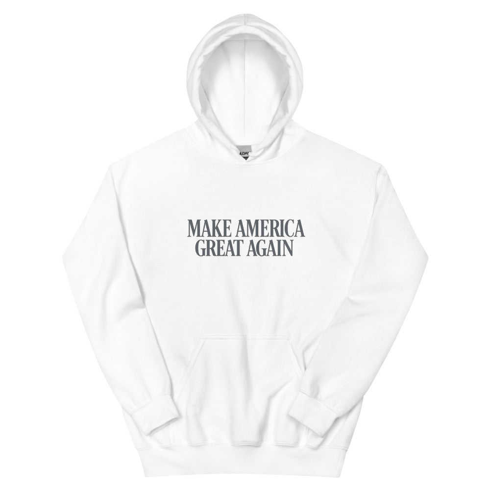White Trump Style unisex hoodie with gray Make America Great Again text, front flat view