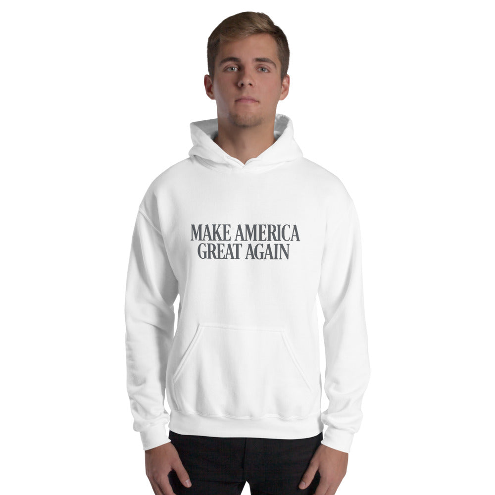 Man wearing white Trump Style unisex hoodie with Make America Great Again front print