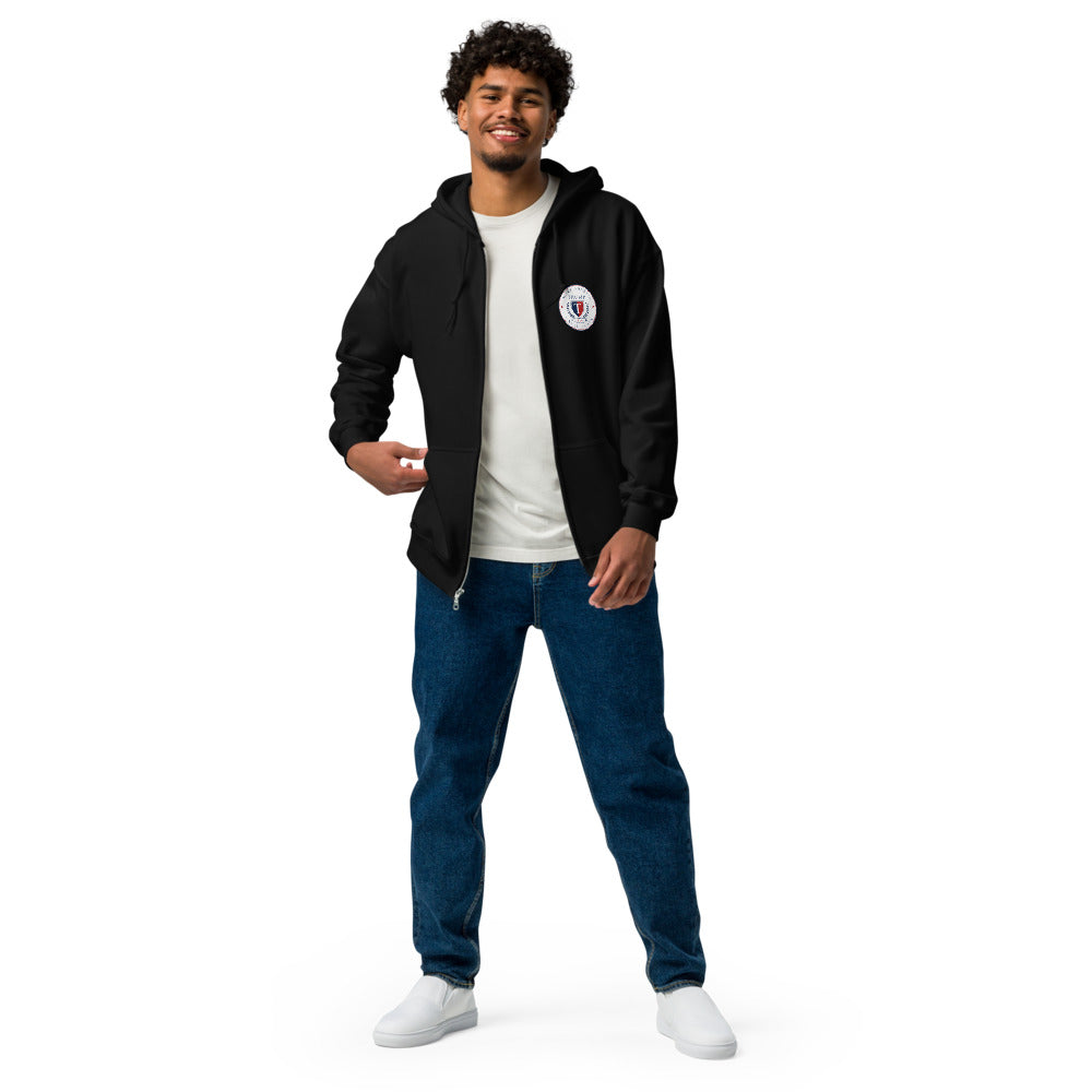 Man wearing the black Trump zip hoodie open over a white tee with jeans, front view