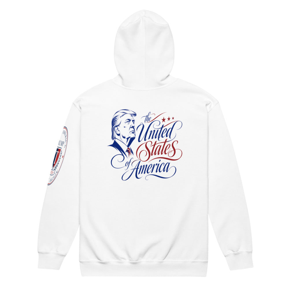 White America zip hoodie back with red and blue The United States of America Trump script print