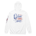 White America zip hoodie back with red and blue The United States of America Trump script print