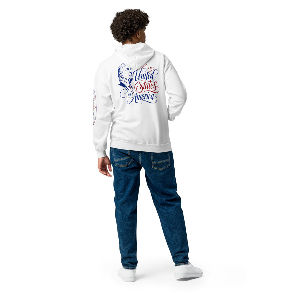 Man wearing white America zip hoodie, back view with United States of America Trump script