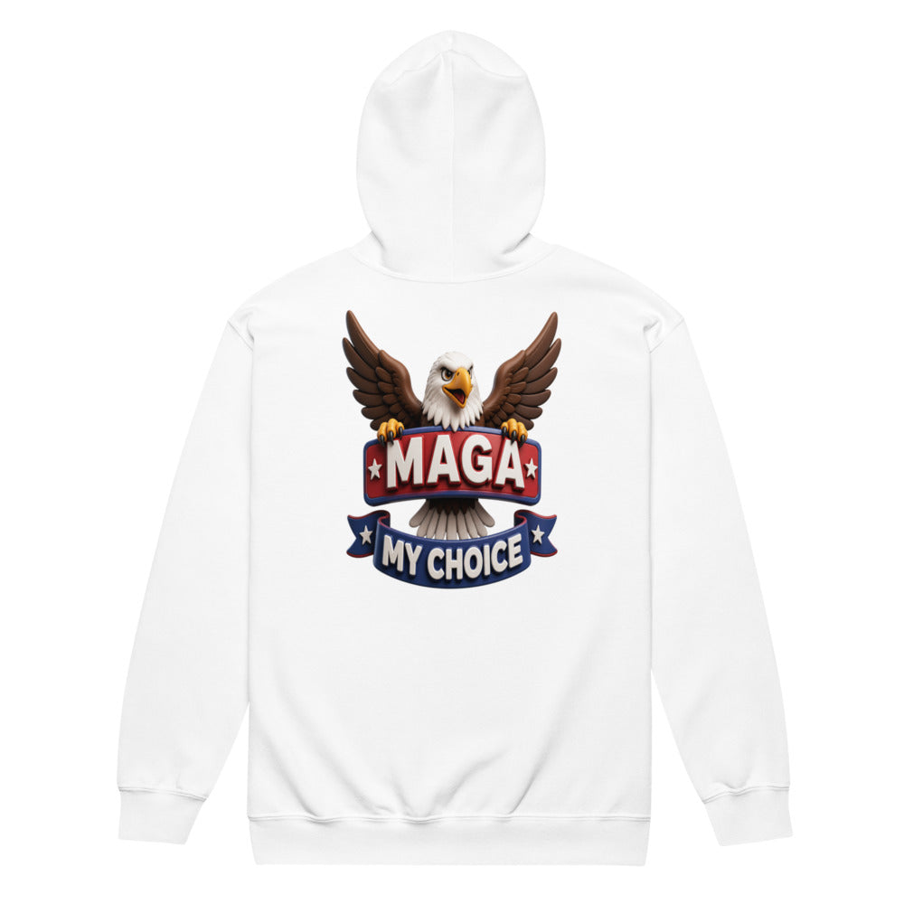 White zip hoodie back print of eagle with MAGA My Choice banner in red white and blue
