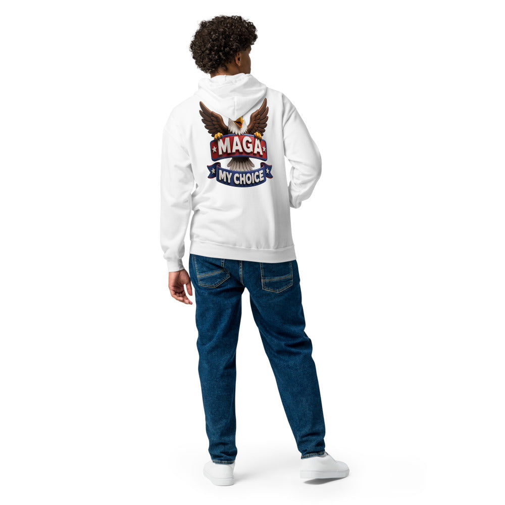 Man wearing white MAGA My Choice zip hoodie, back eagle banner print