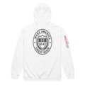 White MAGA 45-47 zip hoodie back with Make America Great Again shield crest and sleeve text