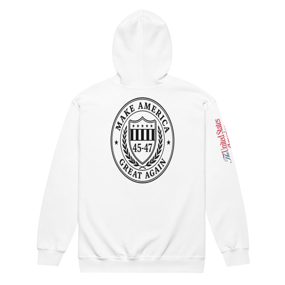 White MAGA 45-47 zip hoodie back with Make America Great Again shield crest and sleeve text