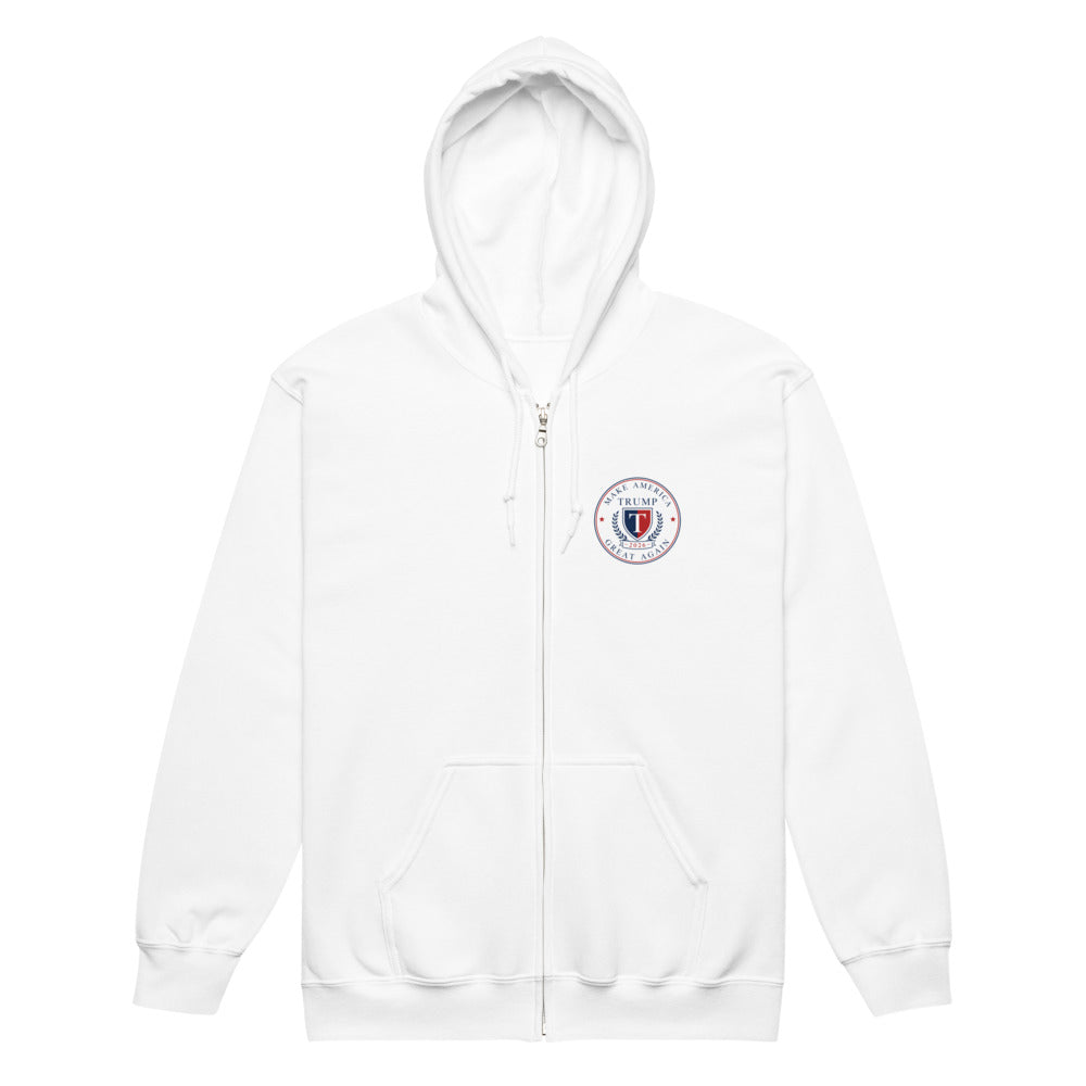 White Trump 2026 unisex zip hoodie, front view with round Make America Great Again chest emblem