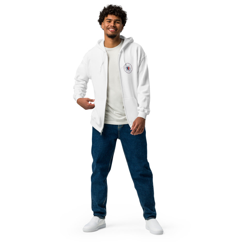 Man wearing the white Trump zip hoodie open over a white tee with jeans, front view