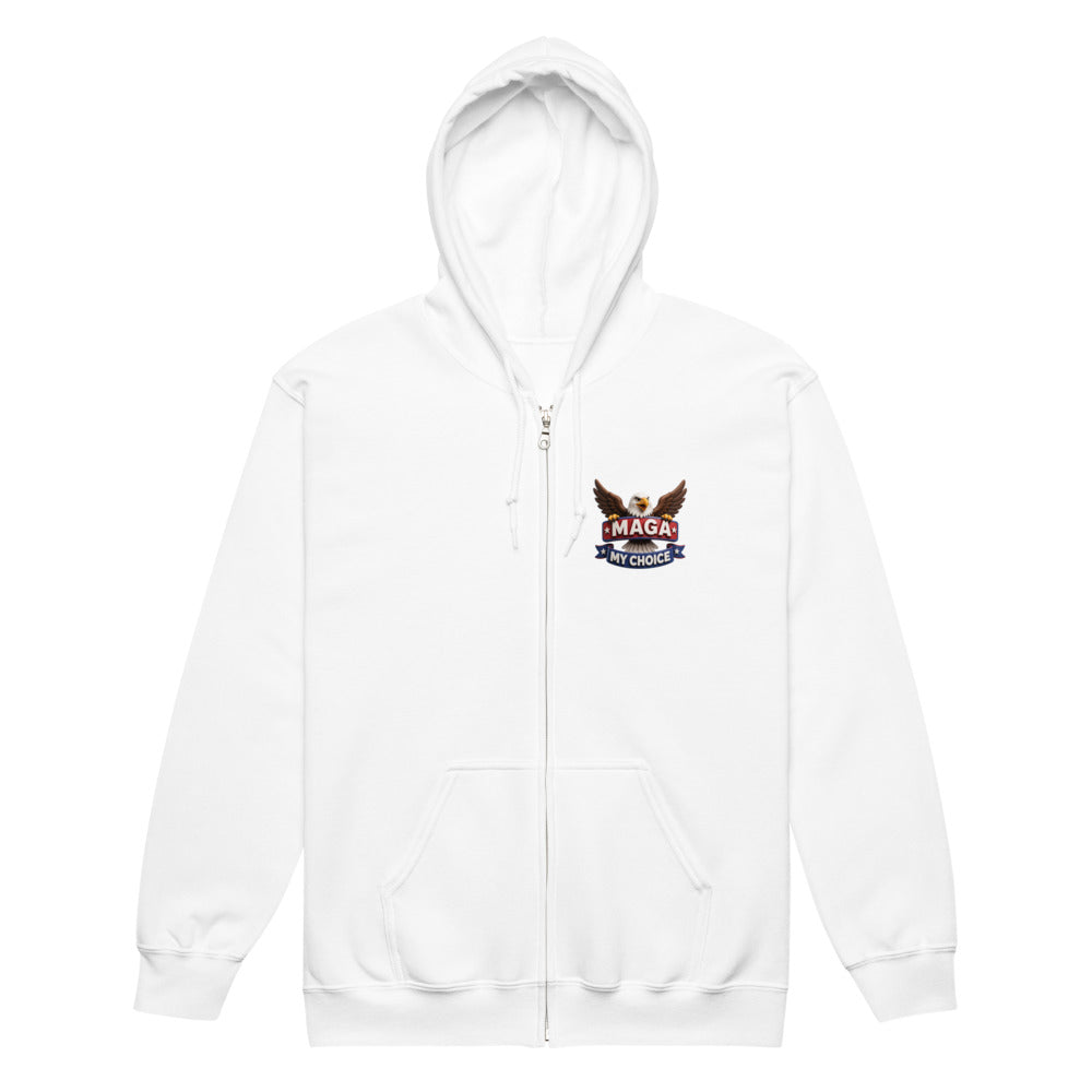 White My Choice MAGA zip hoodie, front left chest eagle MAGA My Choice patch