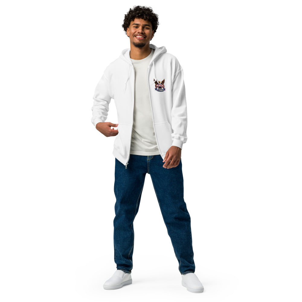 Man wearing white MAGA zip hoodie with small eagle My Choice chest logo, jeans