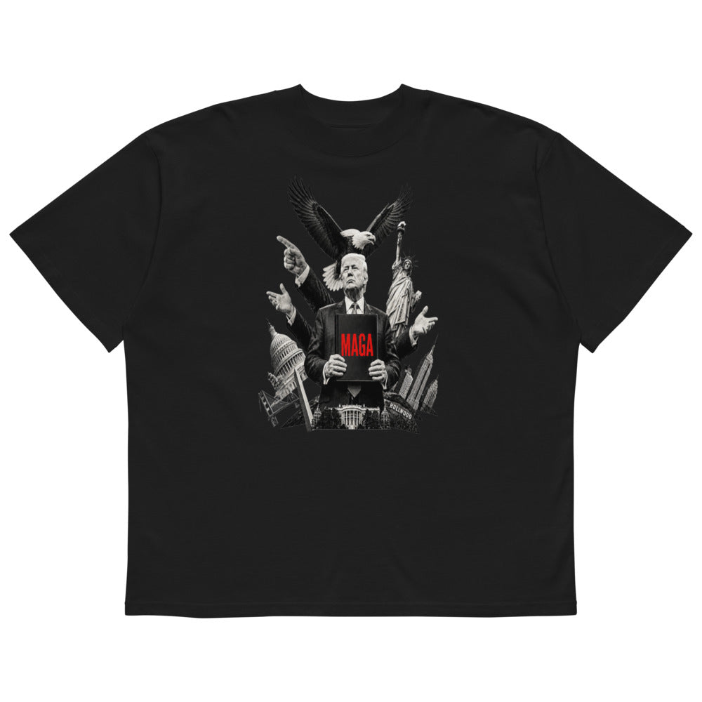 Black Trump oversized high neck t-shirt with MAGA eagle, Trump and skyline print, flat front