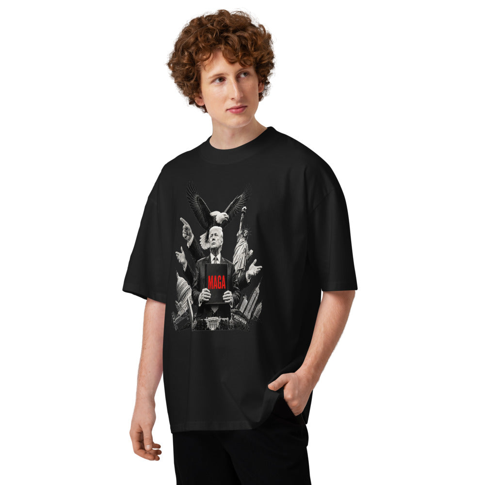 Man wearing black Trump oversized high neck t-shirt with MAGA eagle and Trump graphic