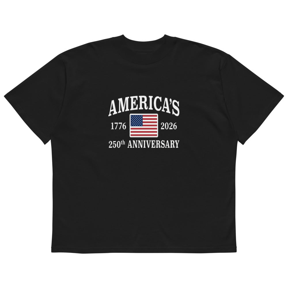 Black America's 250th Anniversary 1776-2026 oversized high neck t-shirt, front flat lay