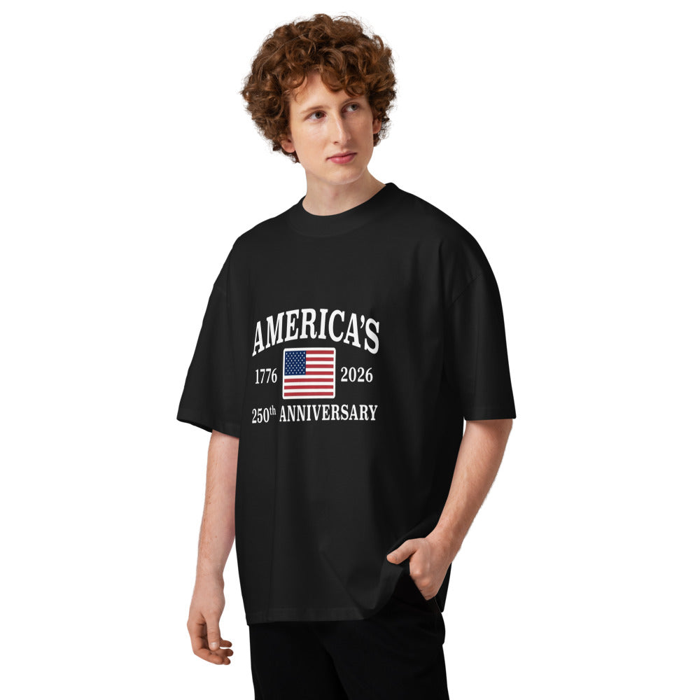 Man wearing black America's 250th Anniversary oversized high neck t-shirt