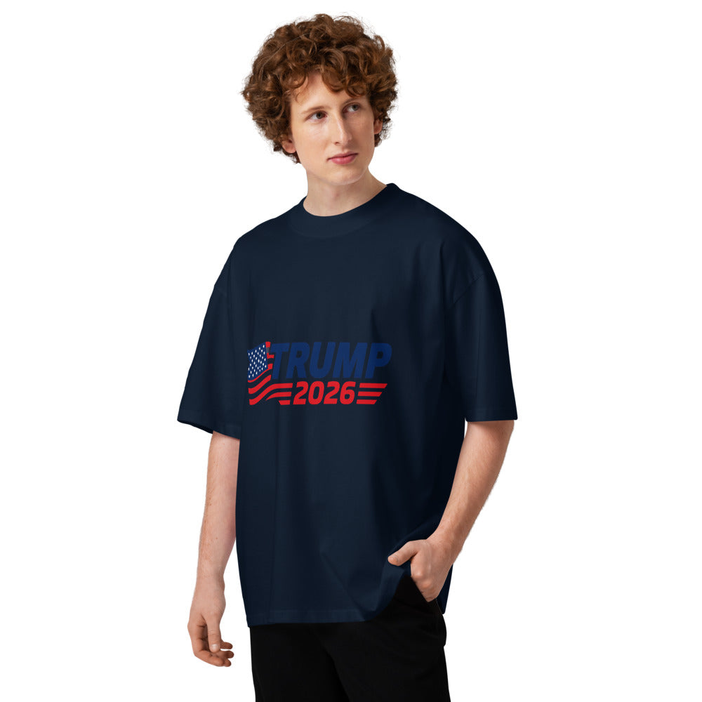Man wearing navy TRUMP 2026 oversized high neck t-shirt, front view