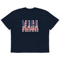 Navy MAGA oversized high neck t-shirt with American flag MAGA lettering, front flat view