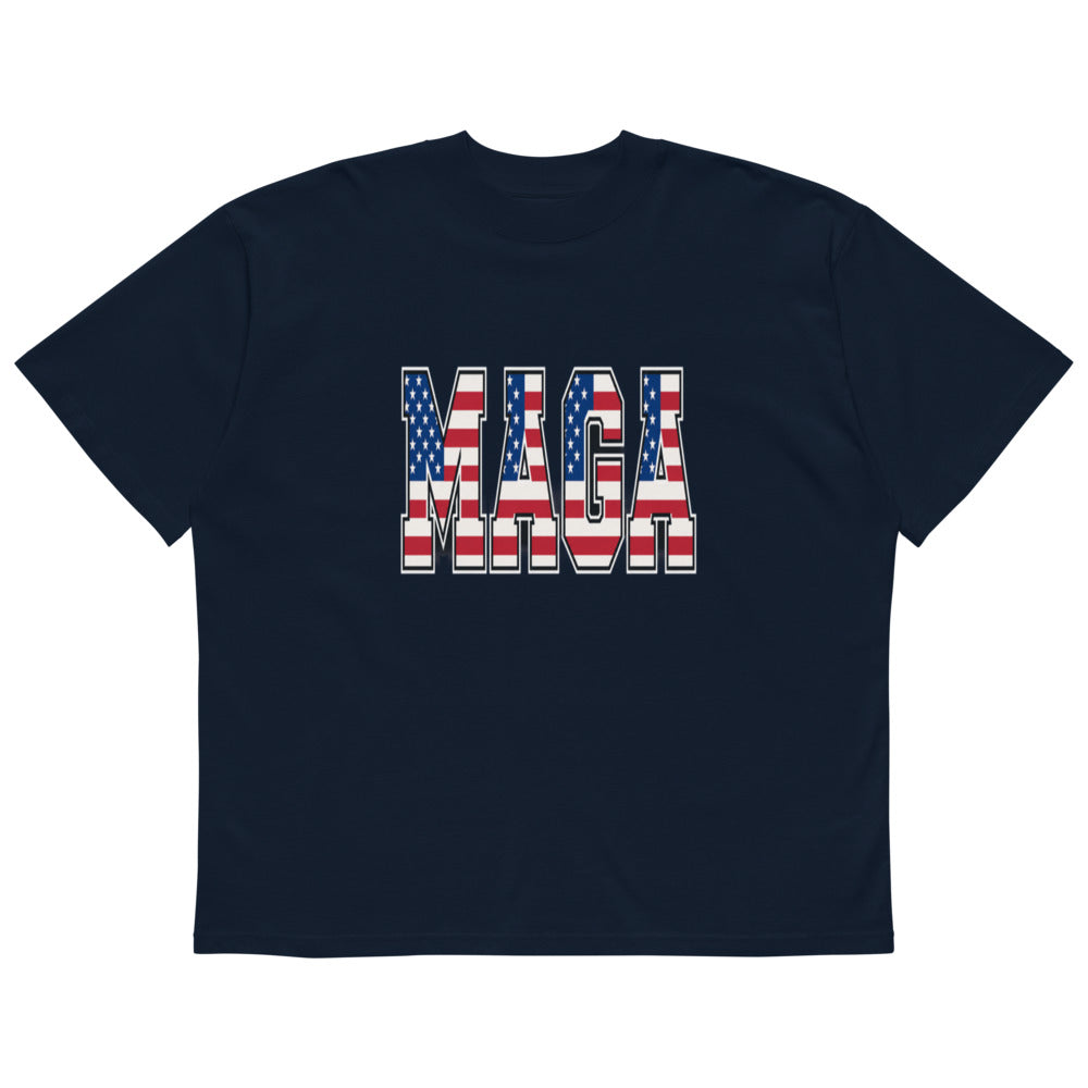 Navy MAGA oversized high neck t-shirt with American flag MAGA lettering, front flat view