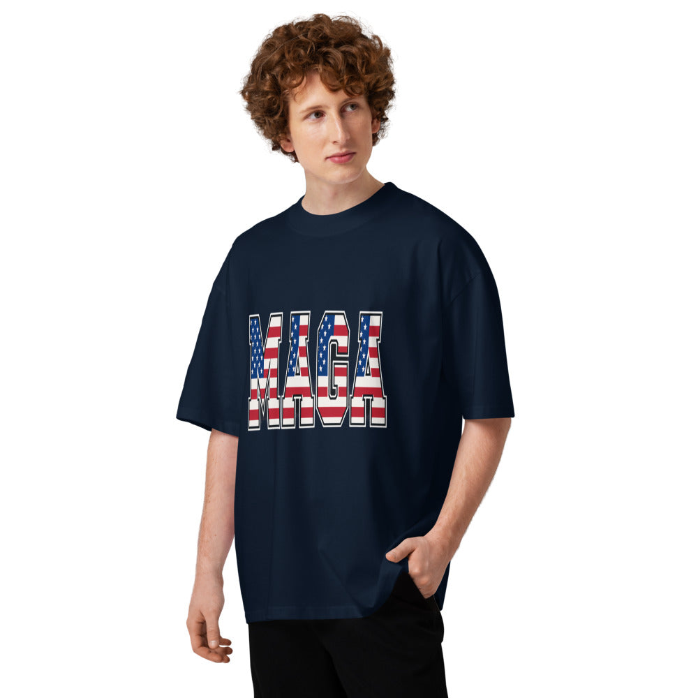 Man wearing navy MAGA oversized high neck t-shirt with American flag MAGA lettering, front view