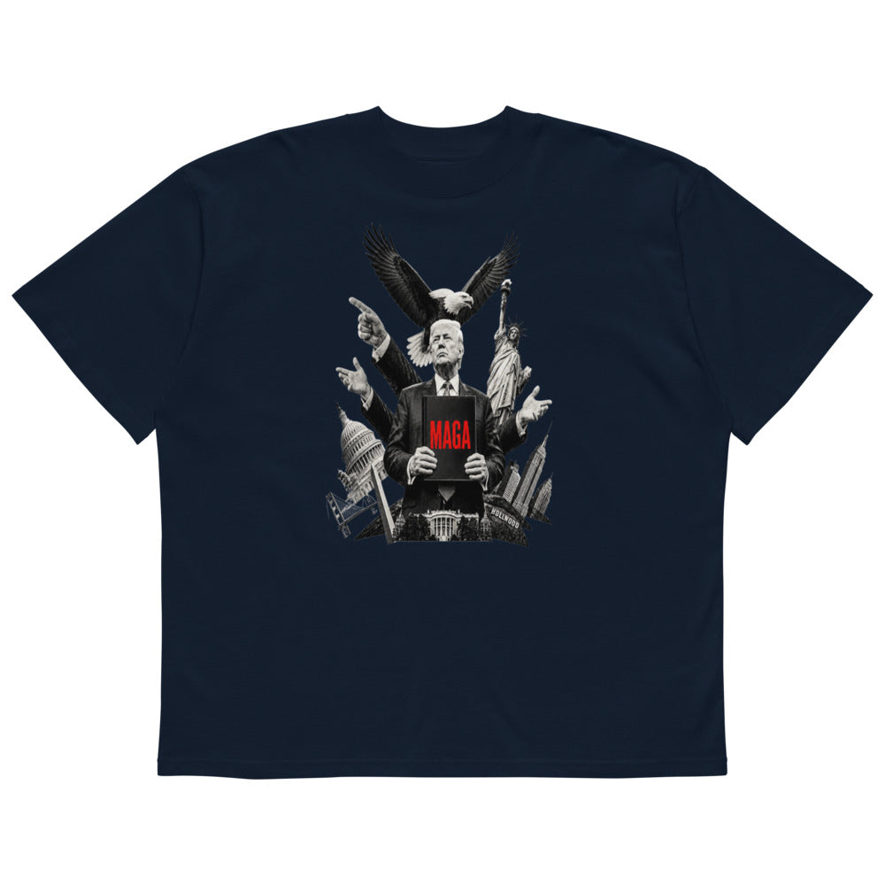 Navy Trump oversized high neck t-shirt with MAGA eagle, Statue of Liberty and skyline print, flat front